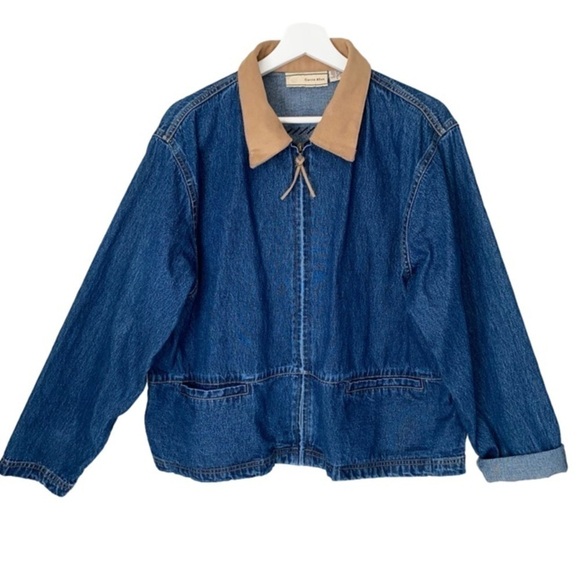Vintage Carrie Allen Jackets & Blazers - CARRIE ALLEN Denim Jacket Vintage Beaded Suede Long Sleeve Blue/Tan Women Size L